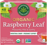 Traditional Medicinals front box showing organic raspberry leaf benefits