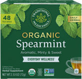 Traditional Medicinals front packaging showing organic spearmint and benefits