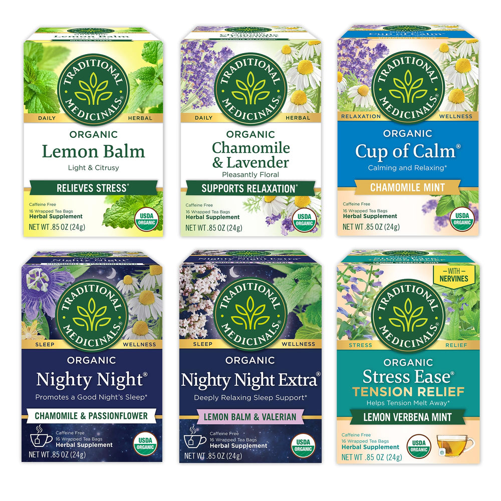 Traditional Medicinals variety pack front box showing six cartons and relaxed gifting benefit