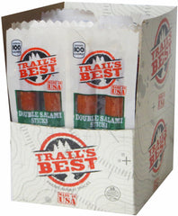 Trail's Best front box view showing 20 individually wrapped double salami sticks for easy storage