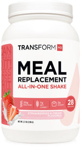 TransformHQ front packaging showing strawberries & cream flavor and serving count benefits