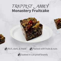 Trappist Abbey fruitcake sliced to reveal dense crumb and serving appeal