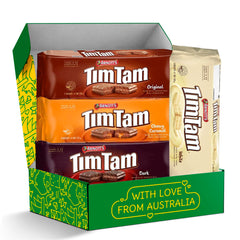 Treats from Home front packaging of Tim Tam gift box shows four sealed retail packs