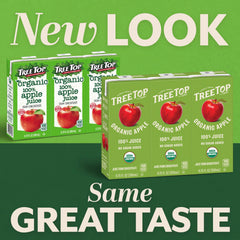 Close-up of Tree Top carton label highlighting organic certification and ingredient simplicity
