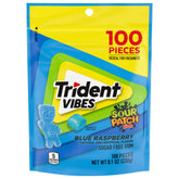 trident pouch front showing blue raspberry branding and resealable top for easy storage