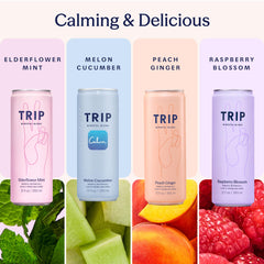 Variety of TRIP Calm Drink flavors displayed in a social lifestyle scene