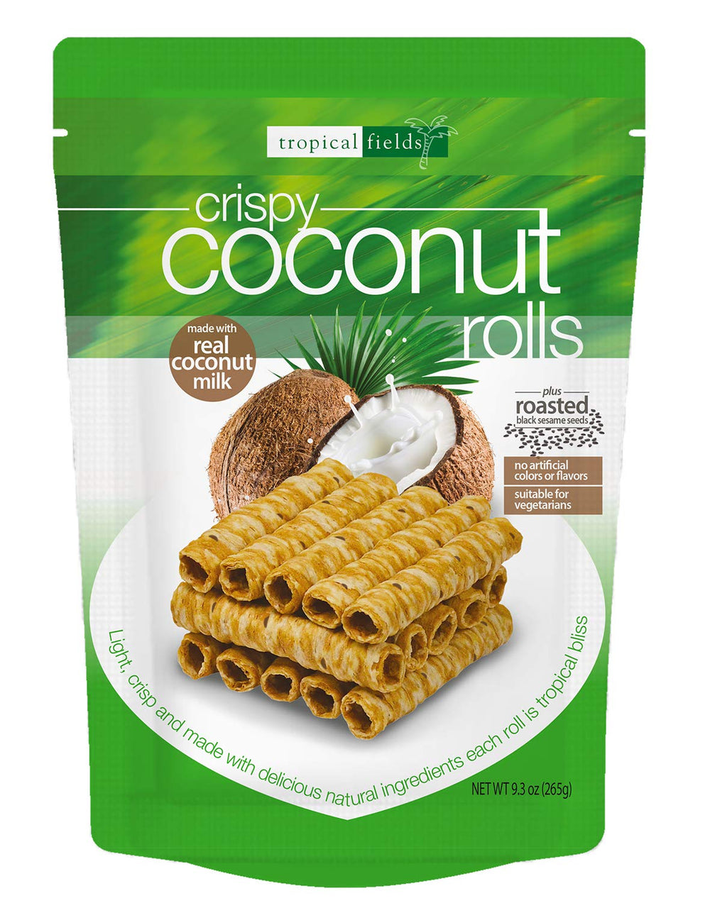 Tropical Fields front packaging showing two sealed coconut rolls, perfect for sharing