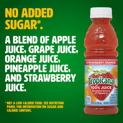 Tropicana close-up label highlighting 100% juice and no added sugars benefit