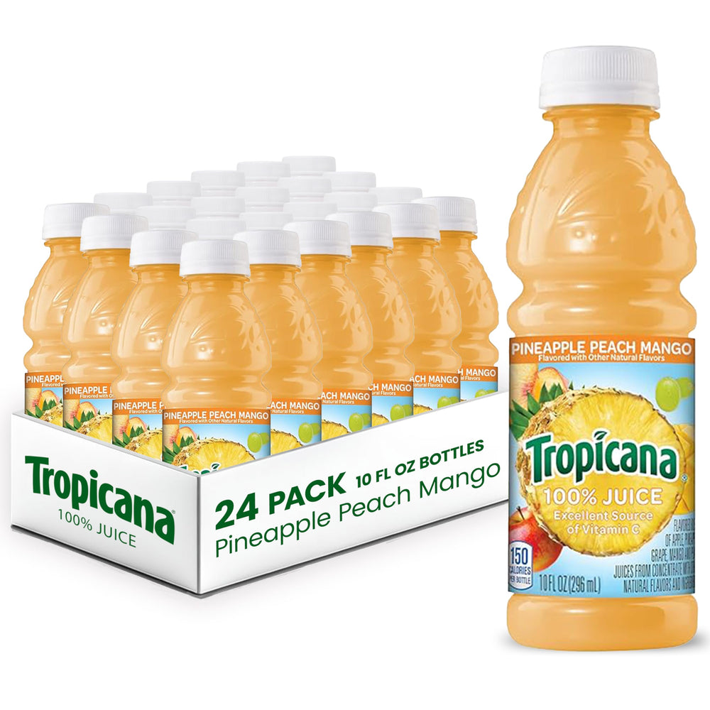 Tropicana front packaging showing 24 bottles and tropical branding for quick recognition and convenience