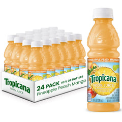 Tropicana front packaging showing 24 bottles and tropical branding for quick recognition and convenience