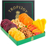 TropiJoy front packaging showing gift-ready dried fruit basket and vibrant design
