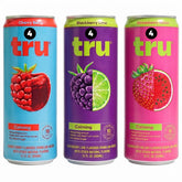 Tru front pack shot showing three-flavor variety and can design for easy selection