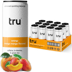 Tru can front view showing orange mango flavor and clean energy