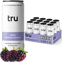 Tru front packaging showing blackberry seltzer benefits and branding