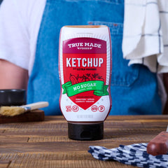 True Made Foods label detail showing ingredient list and fruit-based sweetening