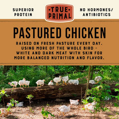 True Primal spread of pastured chicken and fresh herbs highlighting ingredients