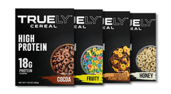 Truely Cereal front packaging showing variety pack and nutrition highlights for convenience