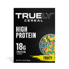 Four Truely Cereal boxes displayed together illustrating variety of Cocoa, Fruity, Chocolate Peanut Butter, Honey
