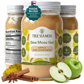 TrueSeaMoss front jar showing apple cinnamon label and glass container benefit clarity