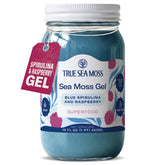 TrueSeaMoss front jar showing label and blue spirulina for convenient daily use