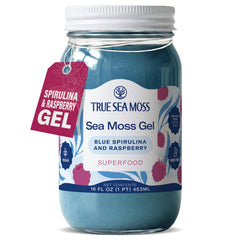 TrueSeaMoss front jar showing label and blue spirulina for convenient daily use