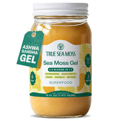 TrueSeaMoss front jar showing mango ashwagandha gel benefit of ready-to-use nutrition