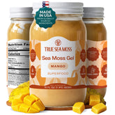 TrueSeaMoss front jar showing mango sea moss gel and clear label, convenient daily use