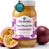 TrueSeaMoss front packaging showing jar and passion fruit, highlights convenience