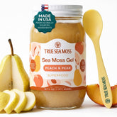 TrueSeaMoss front jar view showing peach pear gel and clear label, convenient jar