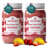 TrueSeaMoss front packaging showing two strawberry gel jars and clear labeling, easy storage benefit