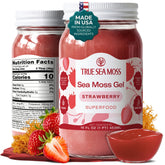 TrueSeaMoss strawberry jar front view shows label and glass preserving freshness