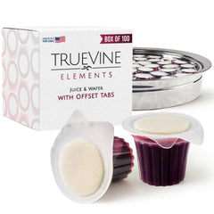 TrueVine front packaging showing box of 100 cups and wafers with clear labeling and convenience