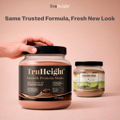 TruHeight chocolate protein shake in glass ready to drink, quick nutrition