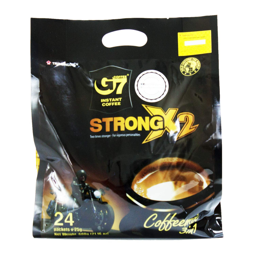 Trung Nguyen G7 strong x2 front packaging showing bold roast and 24 packets for convenience