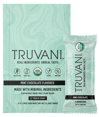 Truvani front packaging of Chocolate Mint 12-pack showing organic badge and branding for trustworthy snacking