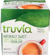 Truvia front of box showing 140 packets and compact packaging benefit