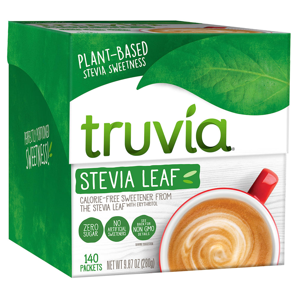 Truvia carton front view showing packet count and zero-calorie benefit