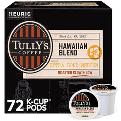 TULLY'S front packaging showing 72-count box and branding benefit convenience