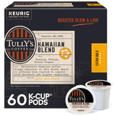 Tully's front packaging showing Hawaiian Blend and convenient 60-count benefit