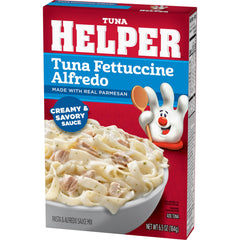 Skillet of cooked Tuna Helper fettuccine alfredo with tuna showing fast dinner benefit