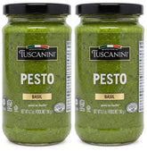 Tuscanini basil pesto front jar showing brand and natural ingredients for versatile use