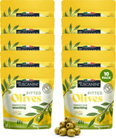 Tuscanini front packaging showing garlic snack olive pouches and branding benefit convenience