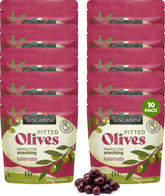Tuscanini front packaging showing ten single-serve olive pouches and benefits