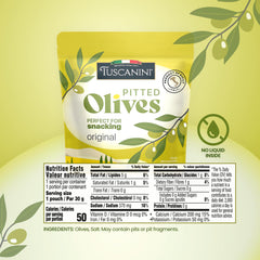 Tuscanini opened pouch with pitted olives ready to eat