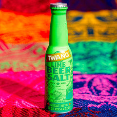 Canned cocktail topped with Twang lime salt for enhanced citrus and salt contrast
