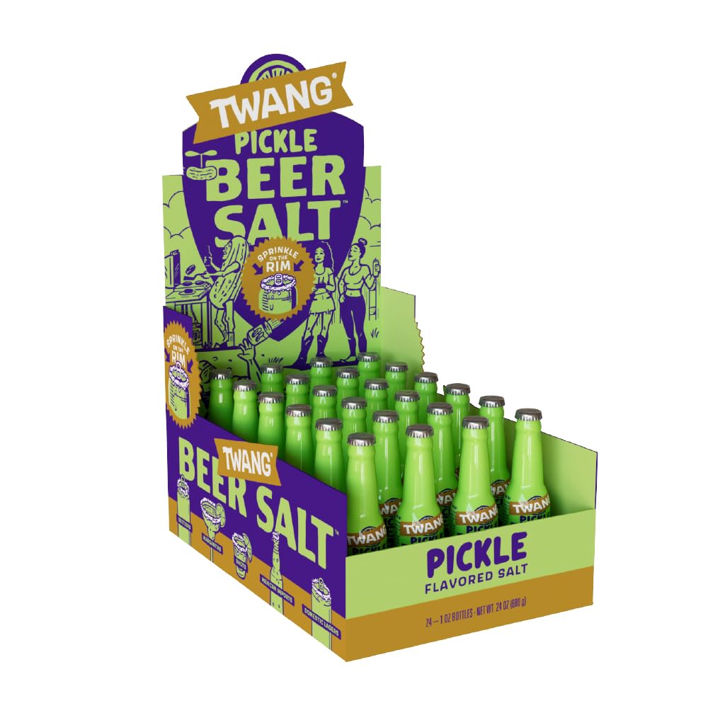 Twang front packaging showing 24 mini pickle beer salt shaker pack, perfect for events