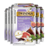 Twinings front pack showing Ashwagandha Fig & Vanilla blend and six-box set benefit convenience