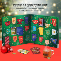Twinings advent calendar open with two individually wrapped tea bags behind a door for easy sharing