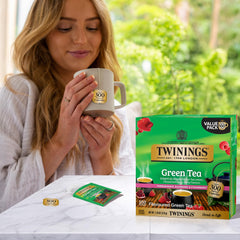 Twinings brewed hot cup highlighting fragrant aroma and balanced fruity green tea taste