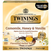 Twinings front pack showing camomile honey vanilla and 100 count freshness benefit